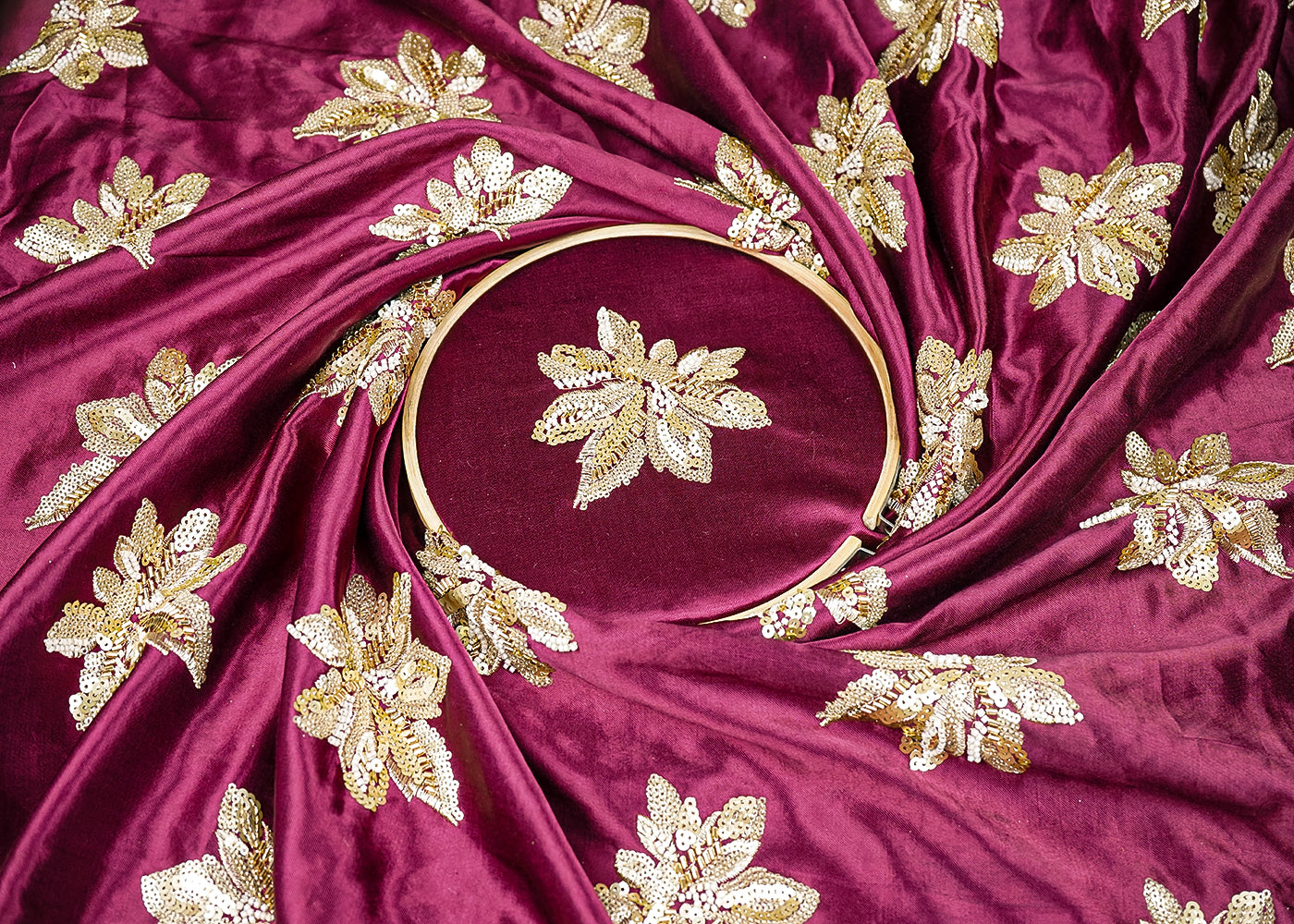 Wine Silk Fabric With All Over Sequins, Bead And Katdana 20916