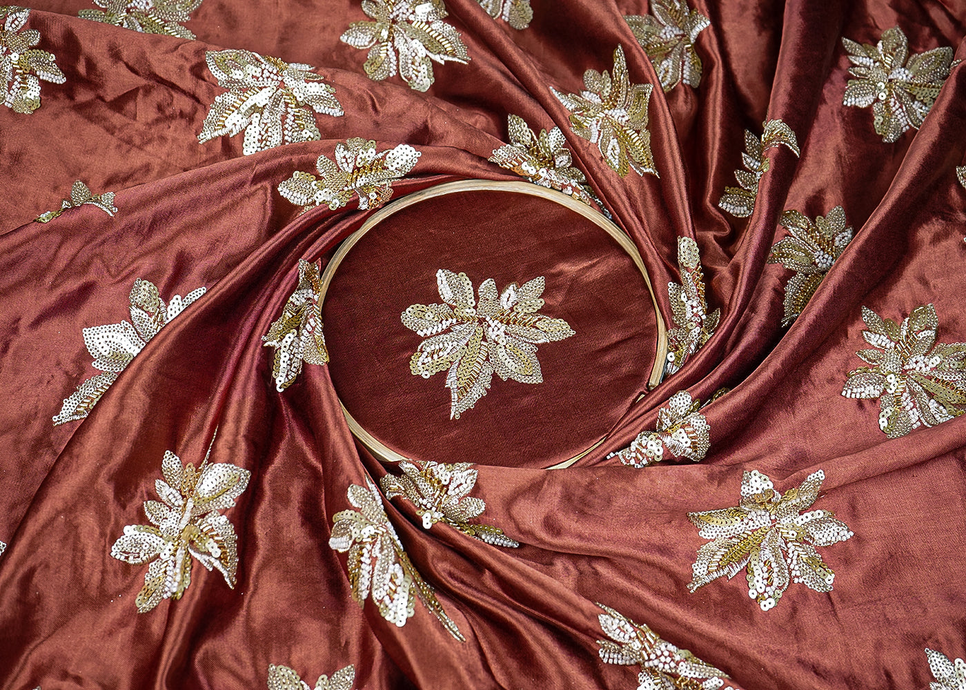 Deep Brown Silk Fabric With All Over Sequins, Bead And Katdana 20917