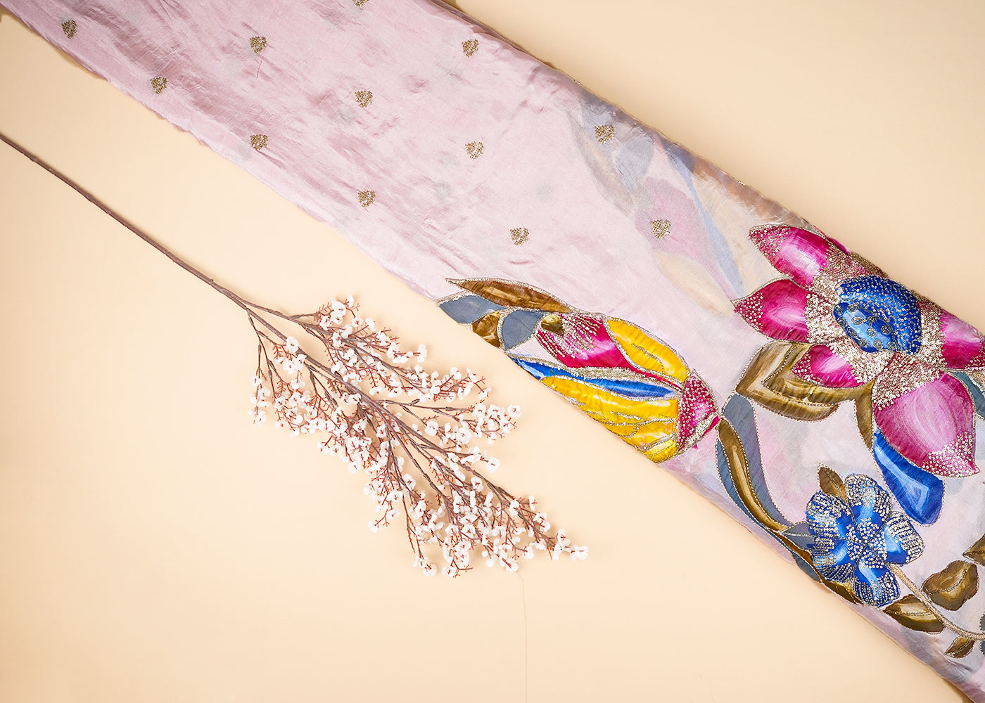 Baby Pink Silk Fabric With Allover Sequins And Zari Work With One Side Floral Border 20920