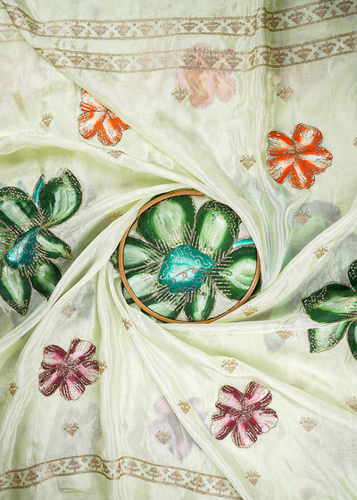 Pista Green Silk Dupatta Fabric With Allover Sequins And Zari Work With Two Side Border 20921
