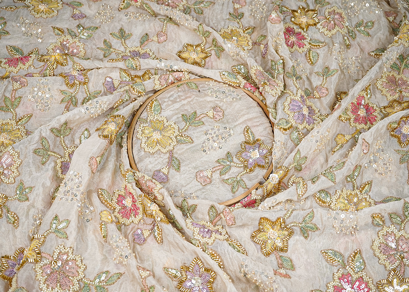 White Chinon Chiffon Fabric With All Over Thread, Bead, Katdana And Sequins Work 20925