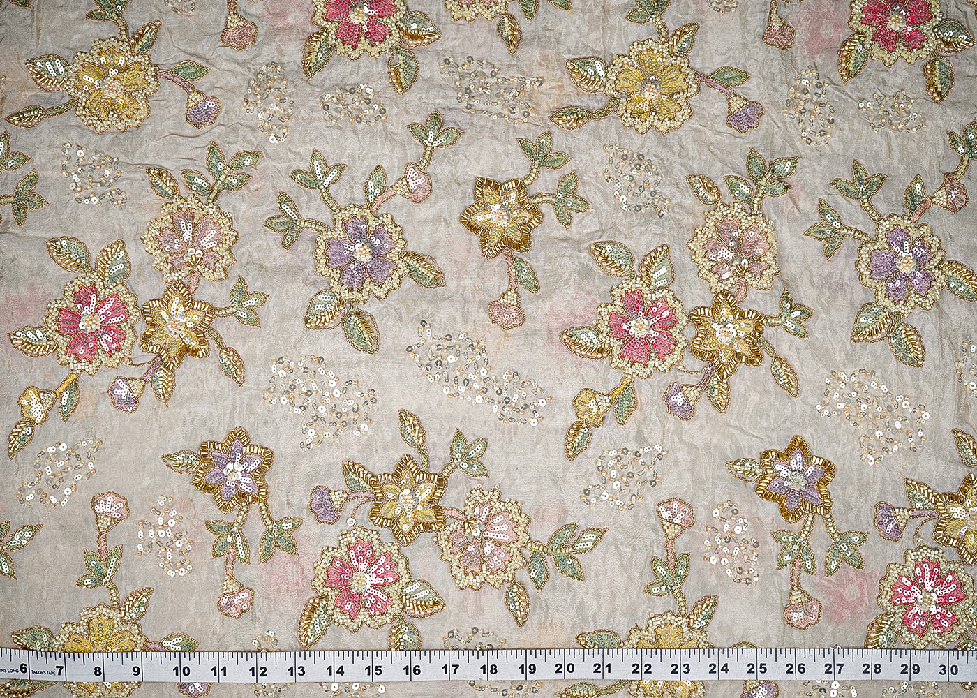 White Chinon Chiffon Fabric With All Over Thread, Bead, Katdana And Sequins Work 20925