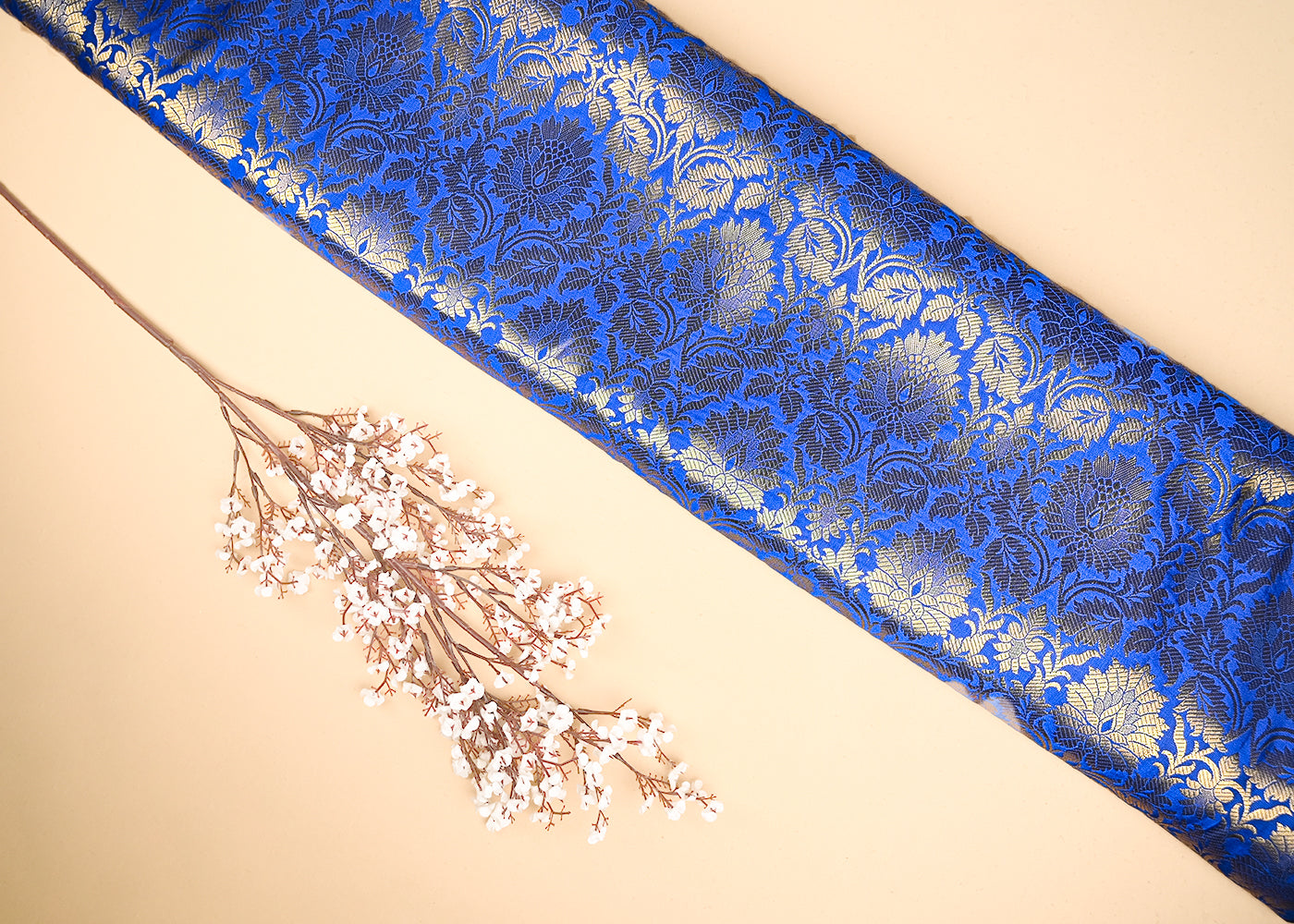 Royal Blue Banarasi Brocade Fabric With All Over Golden Zari Handloom 20934