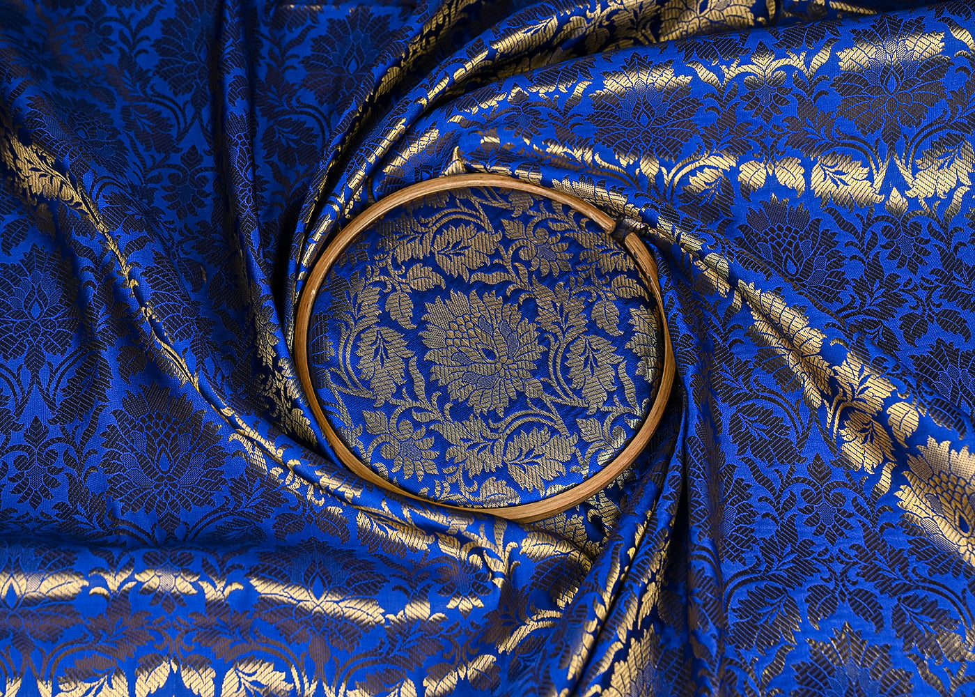 Royal Blue Banarasi Brocade Fabric With All Over Golden Zari Handloom 20934