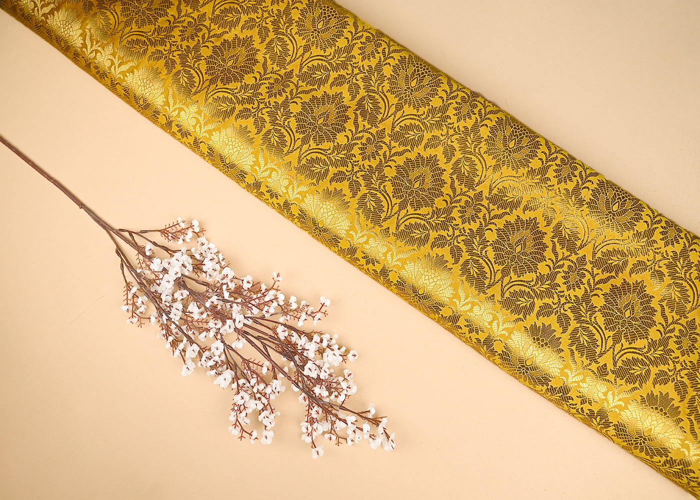 Yellow Banarasi Brocade Fabric With All Over Golden Zari Handloom 20935