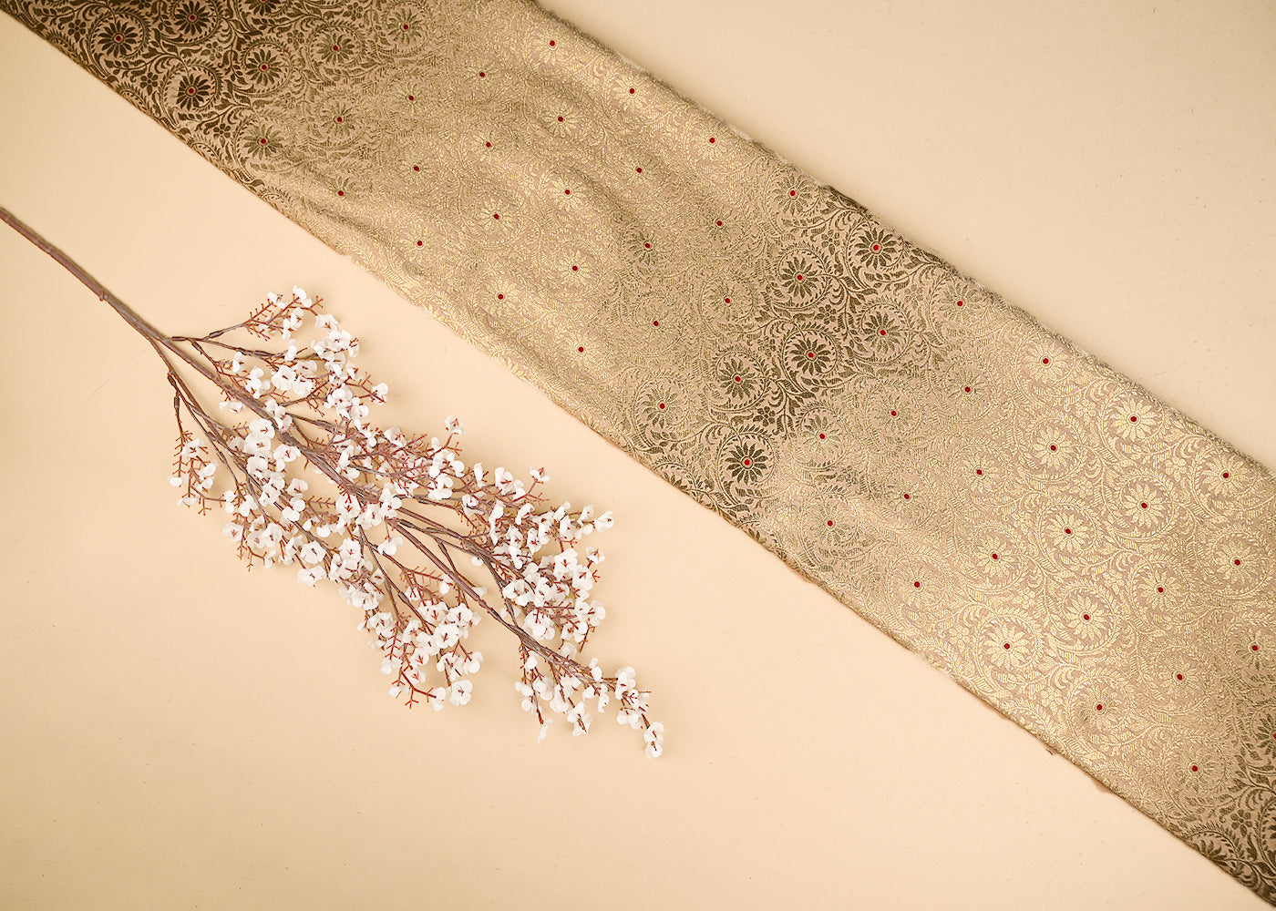 Beige Banarasi Brocade Fabric With All Over Thread And Zari Handloom 20939