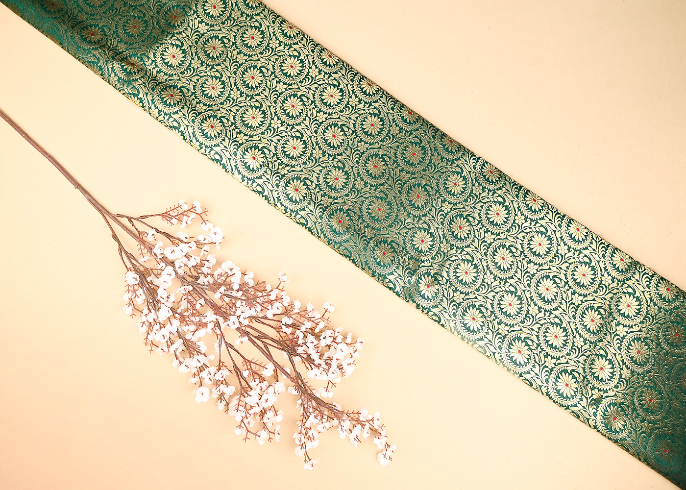 Bottle Green Banarasi Brocade Fabric With All Over Thread And Zari Handloom 20940