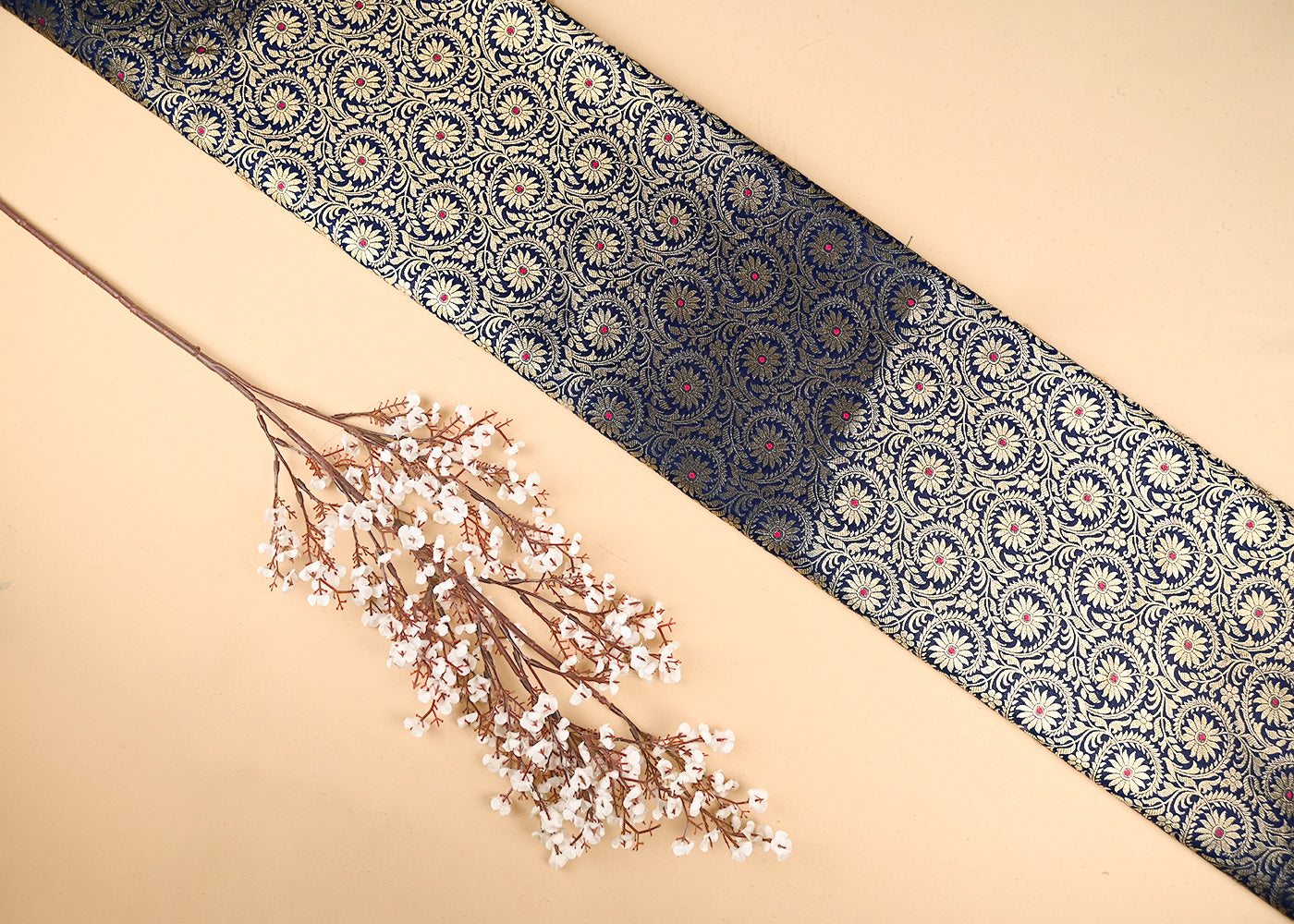 Navy Blue Banarasi Brocade Fabric With All Over Thread And Zari Handloom 20944