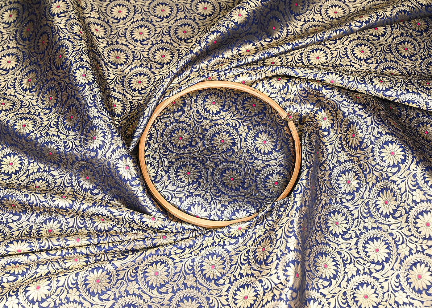 Navy Blue Banarasi Brocade Fabric With All Over Thread And Zari Handloom 20944