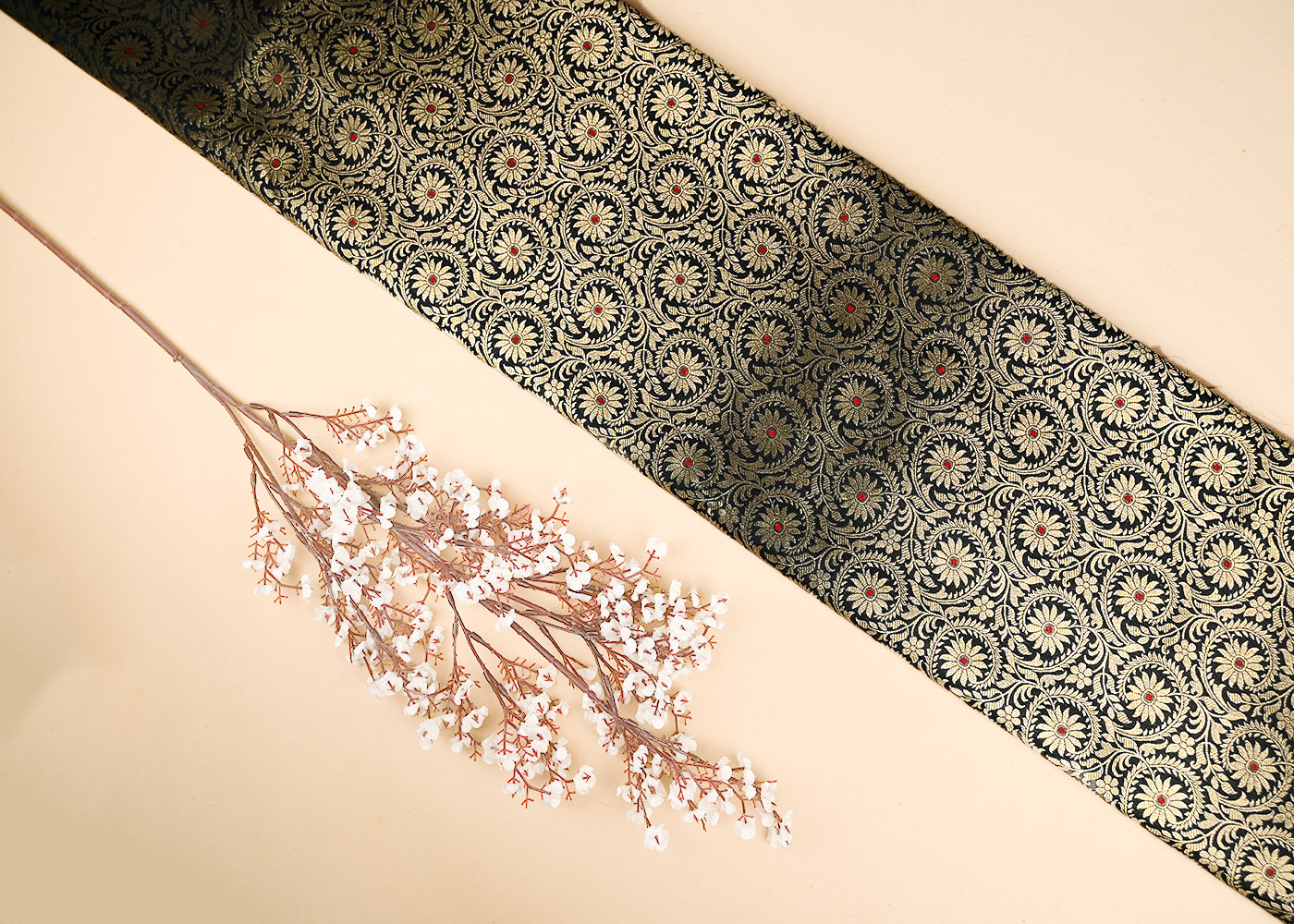 Black Banarasi Brocade Fabric With All Over Thread And Zari Handloom 20946