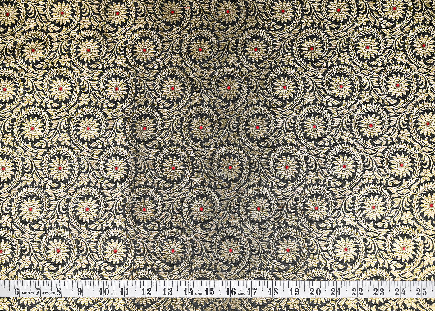 Black Banarasi Brocade Fabric With All Over Thread And Zari Handloom 20946