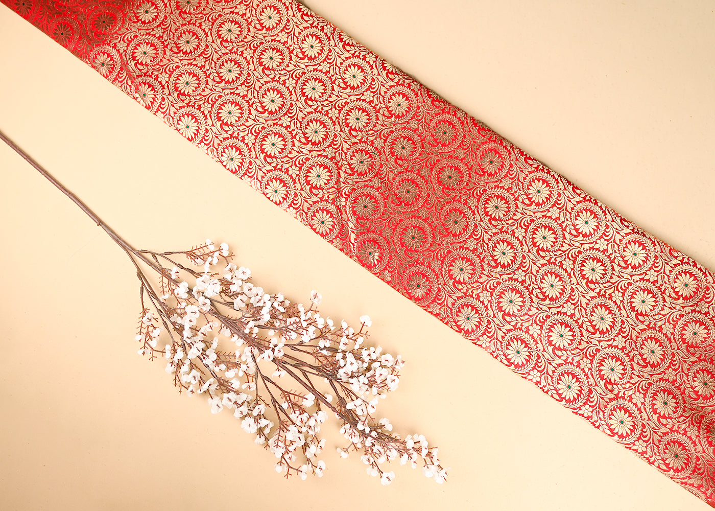 Red Banarasi Brocade Fabric With All Over Thread And Zari Handloom 20947