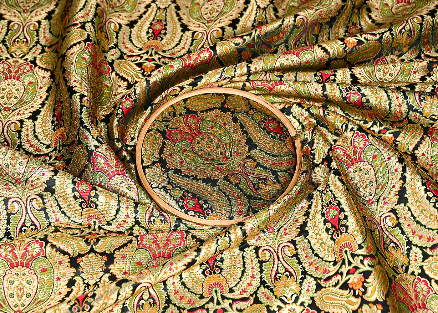 Black Pure Banarasi Brocade Fabric With All Over Thread And Zari Handloom 20949