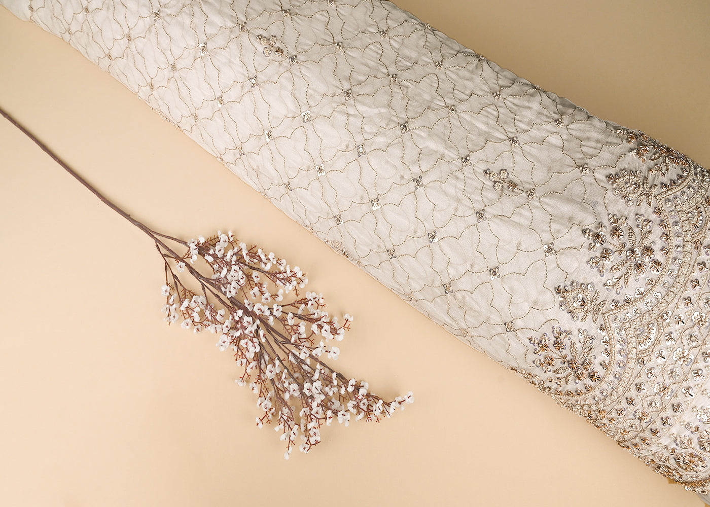 White Georgette Fabric With All Over Katdana, Zari, Bead And Sequins Work With One Side Border 20971