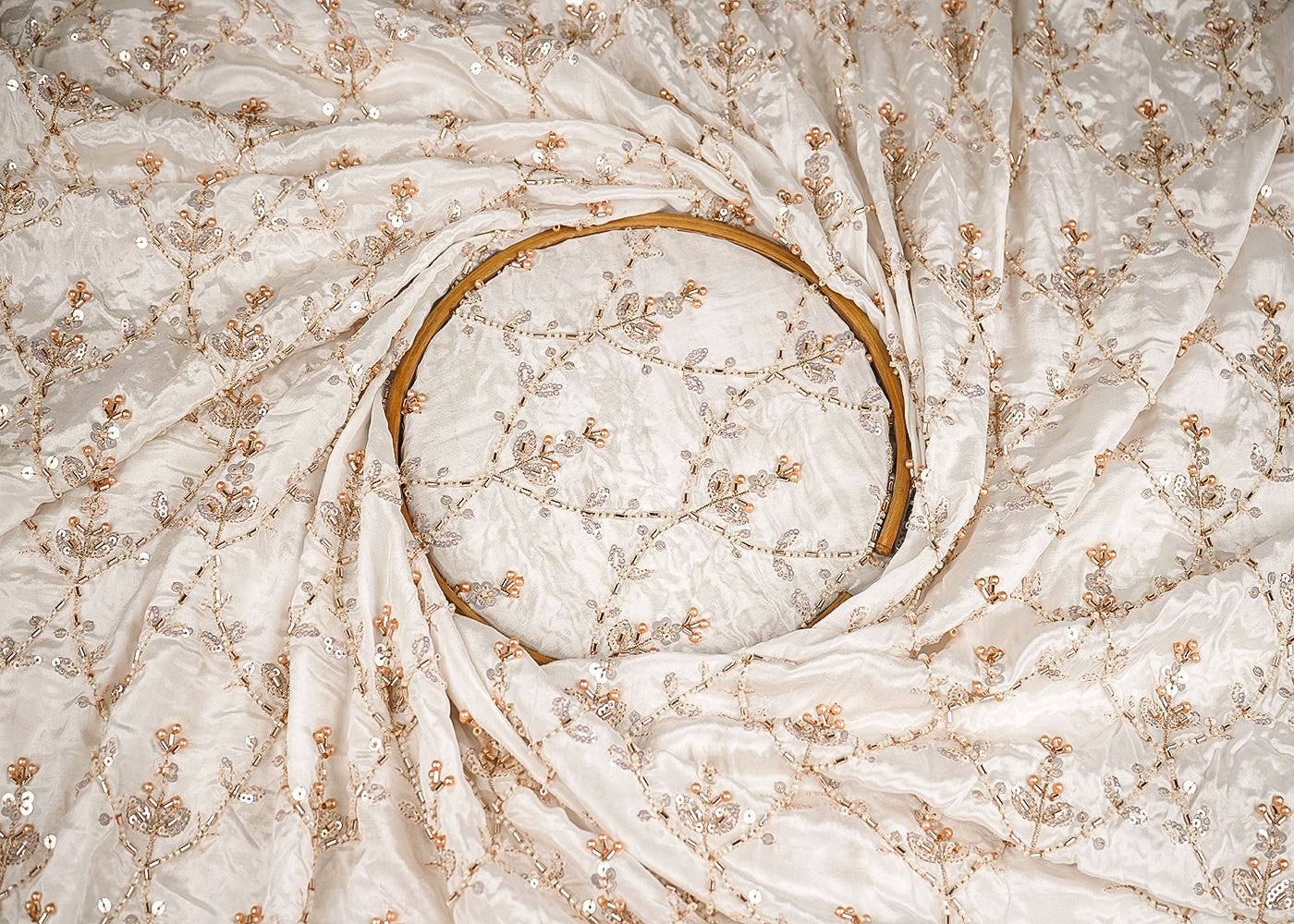 White Crepe Fabric With All Over Zari, Katdana And Sequins Work 20972