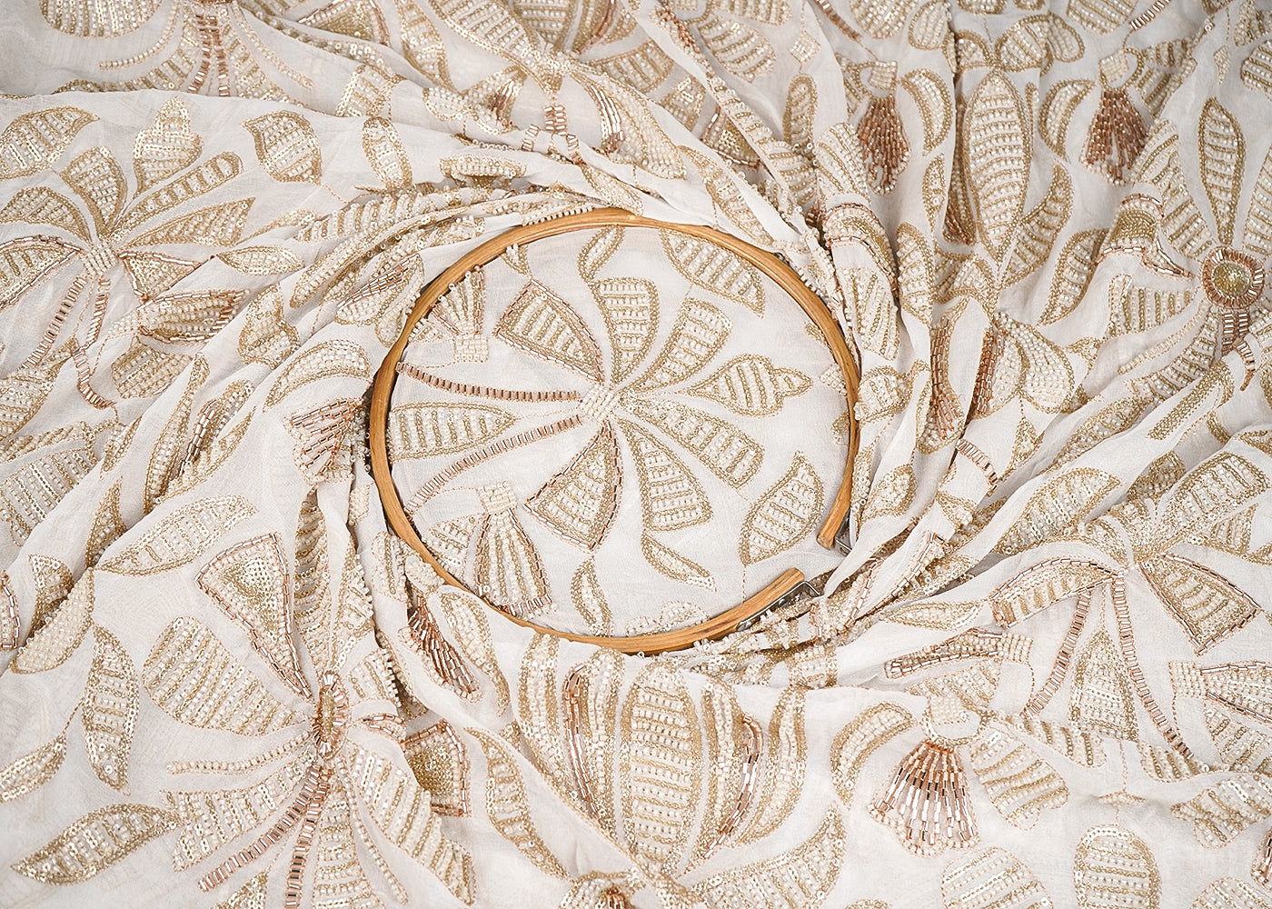 White Georgette Fabric With All Over Zari, Sequins, Bead And Katdana Work 20973