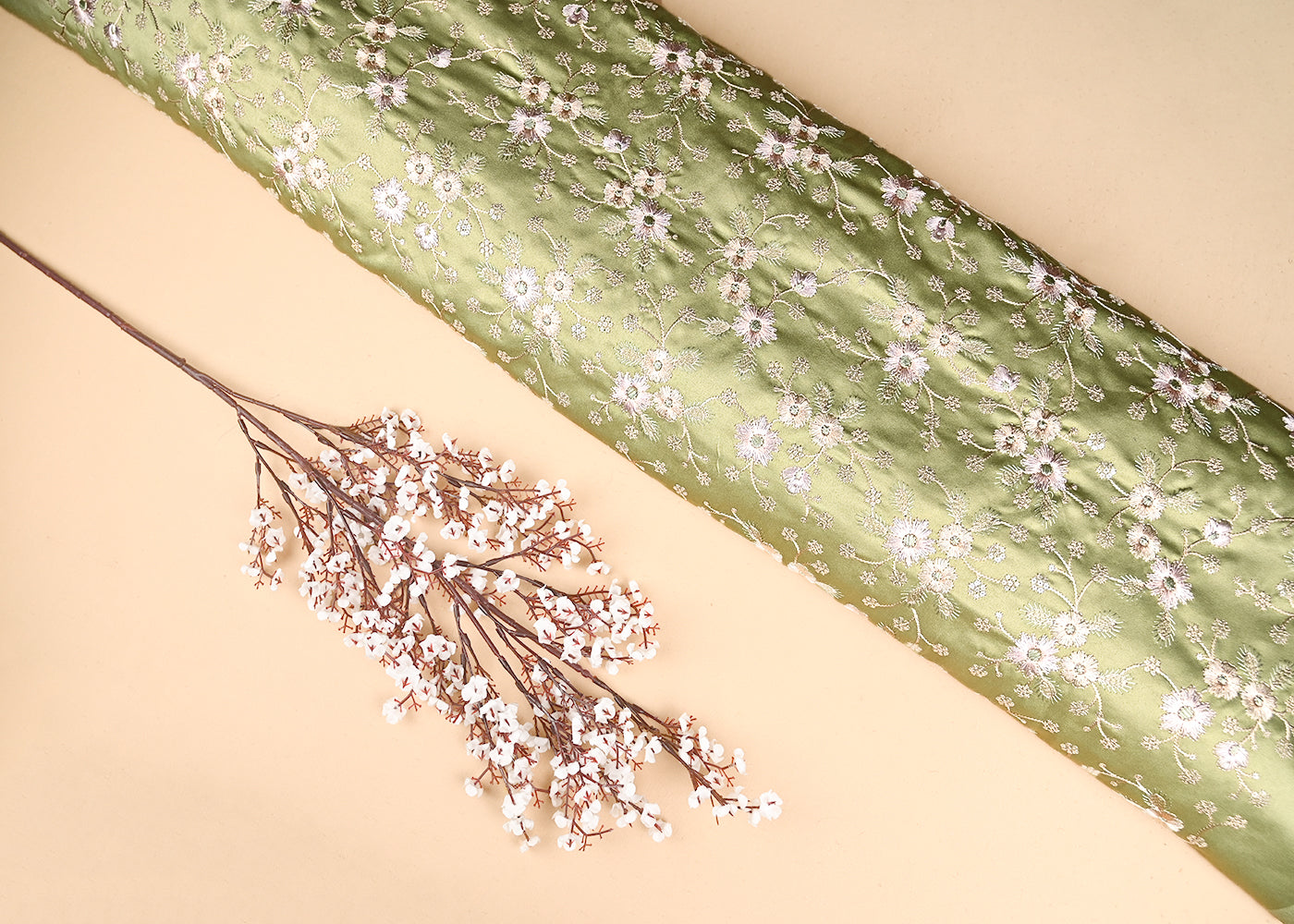 Pista Green Satin Fabric With All Over Thread And Sequins Work 20977