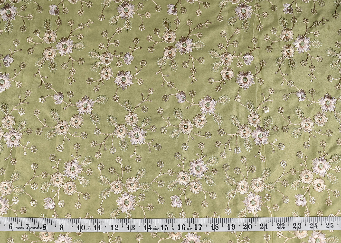 Pista Green Satin Fabric With All Over Thread And Sequins Work 20977