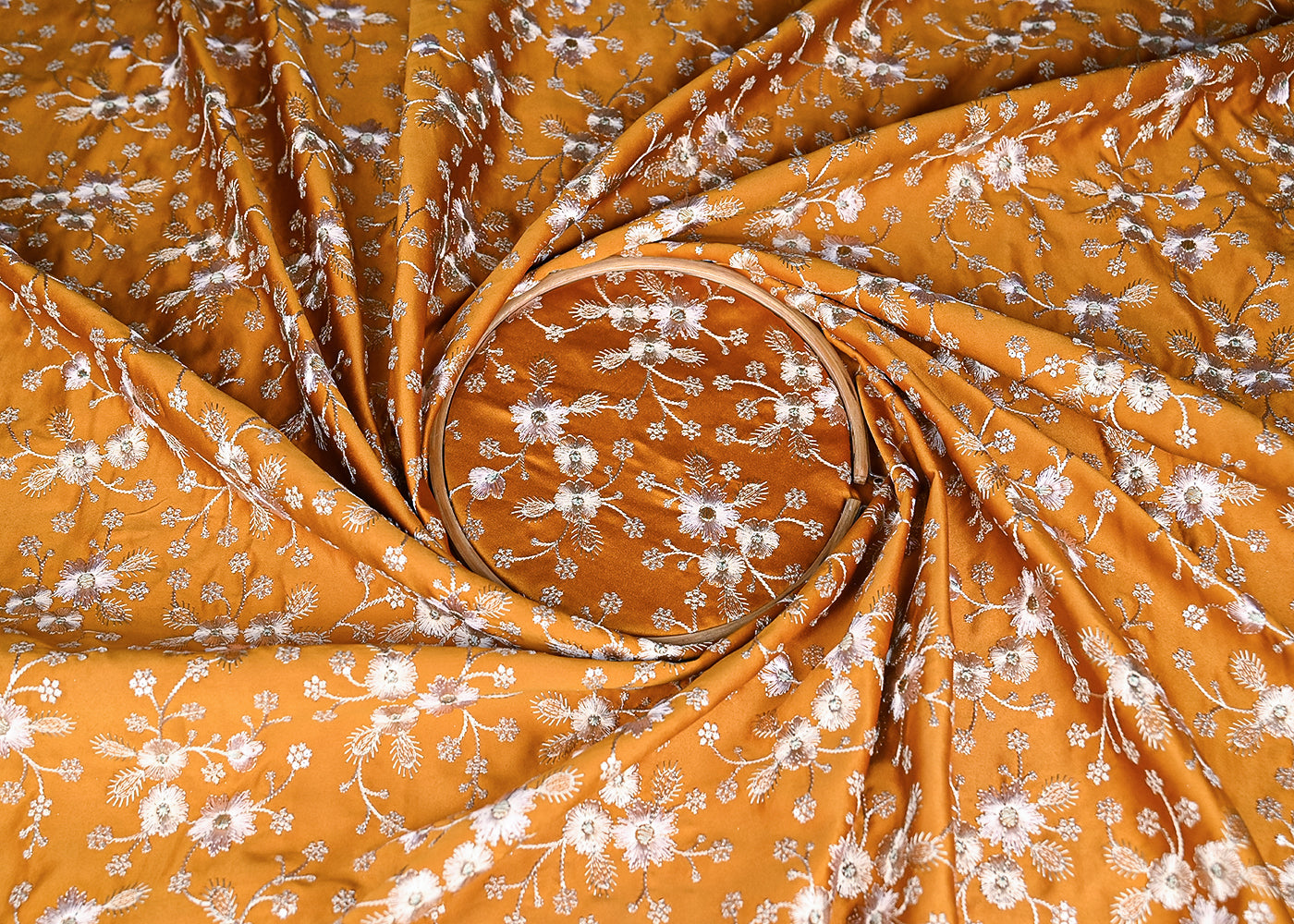 Mustard Satin Fabric With All Over Thread And Sequins Work 20978