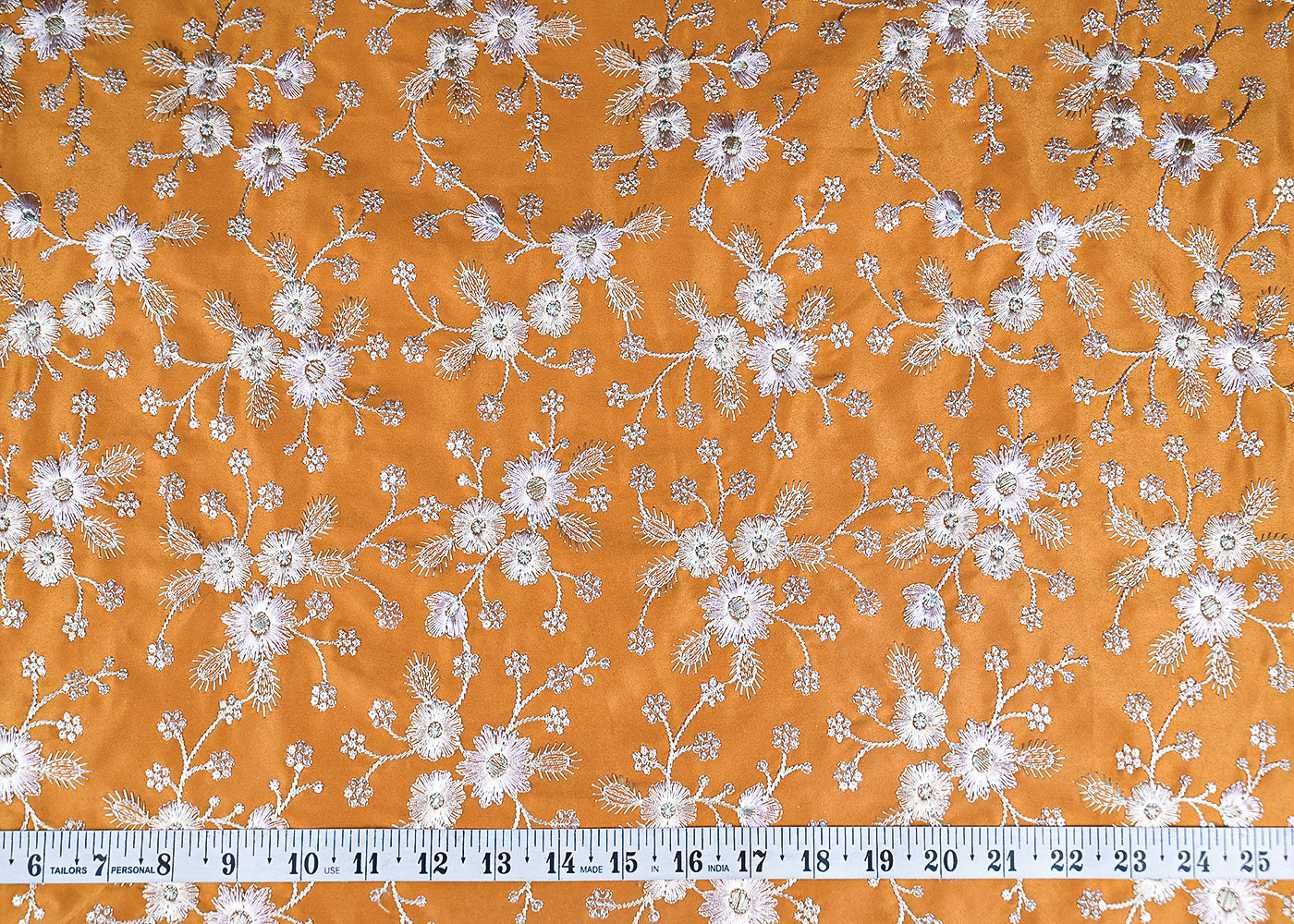 Mustard Satin Fabric With All Over Thread And Sequins Work 20978