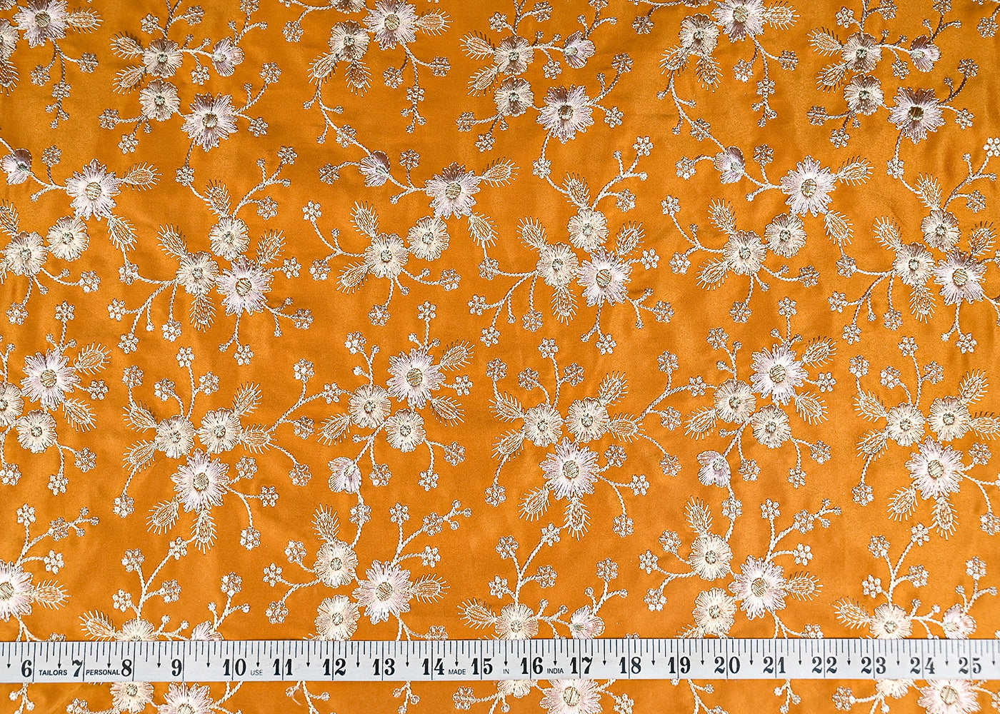 Mustard Satin Fabric With All Over Thread And Sequins Work 20978