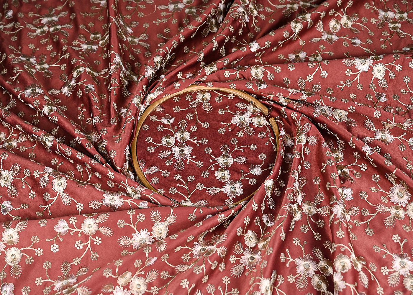 Mauve Satin Fabric With All Over Thread And Sequins Work 20979