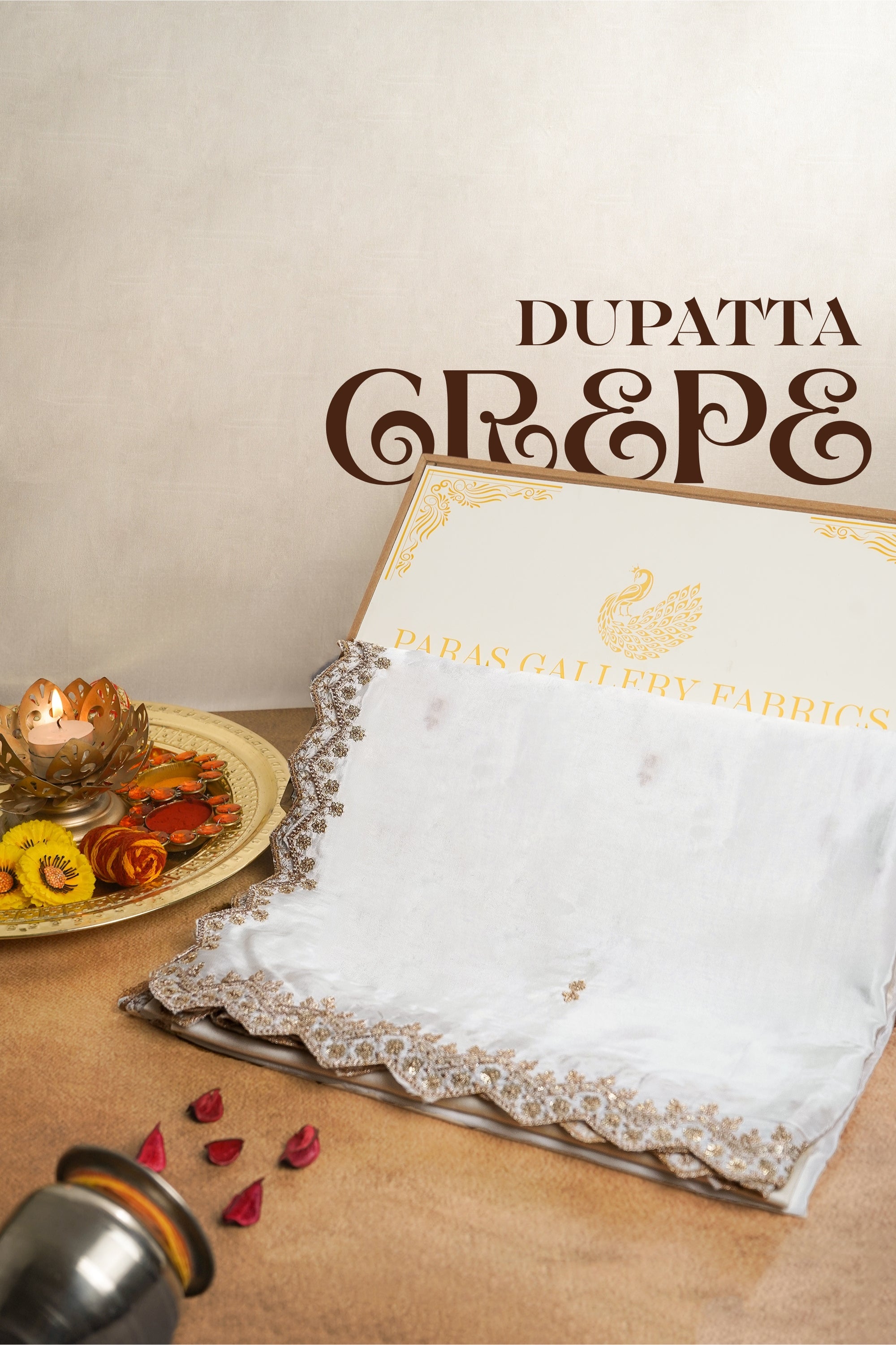 White Dyeable Crepe Dupatta With All Over Zari And Sequins Work 20982