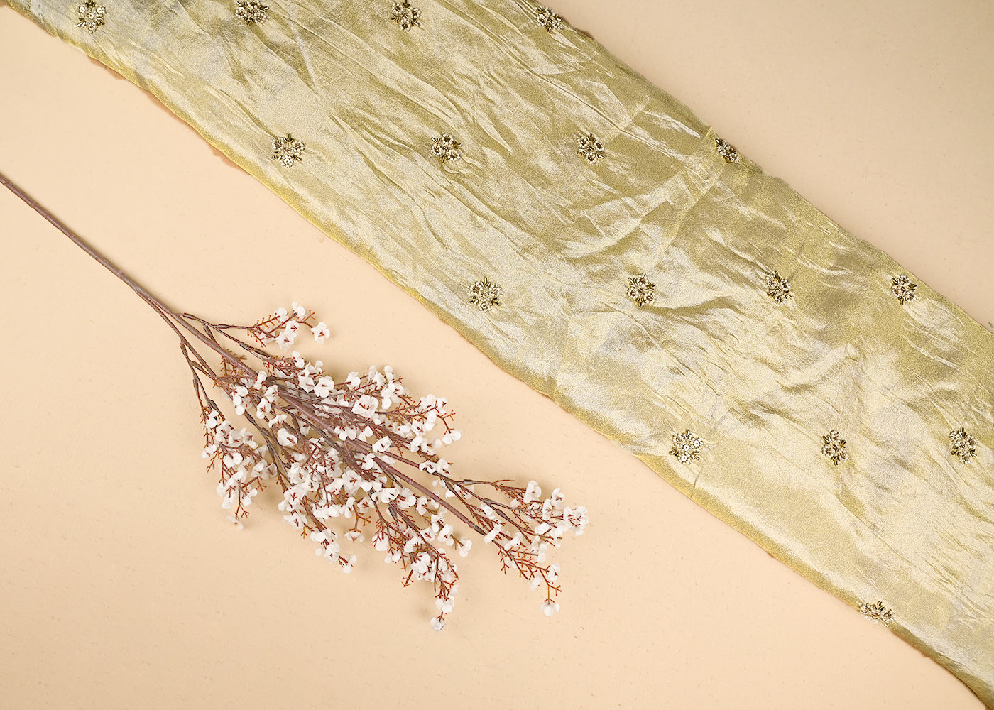 Light Golden Tissue Fabric with Allover Buti of Sequins, Katdana and Bead Work 20983