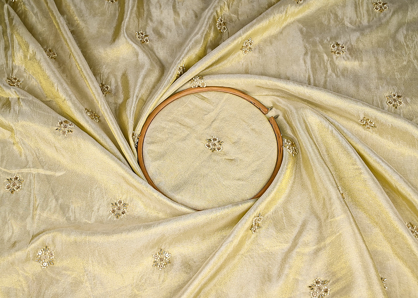 Light Golden Tissue Fabric with Allover Buti of Sequins, Katdana and Bead Work 20983