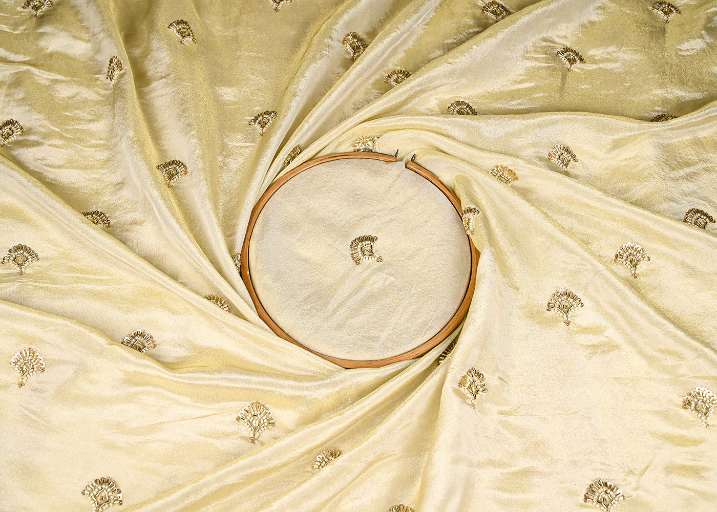 Golden Tissue Fabric with Allover Buti of Sequins, Katdana and Bead Work 20984