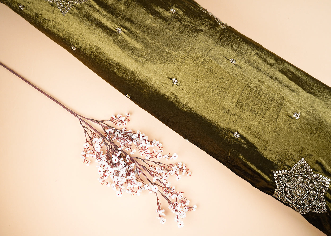 Mehendi Green Velvet Fabric With All Over Buti Of Sequins, Katdana and Bead 20985