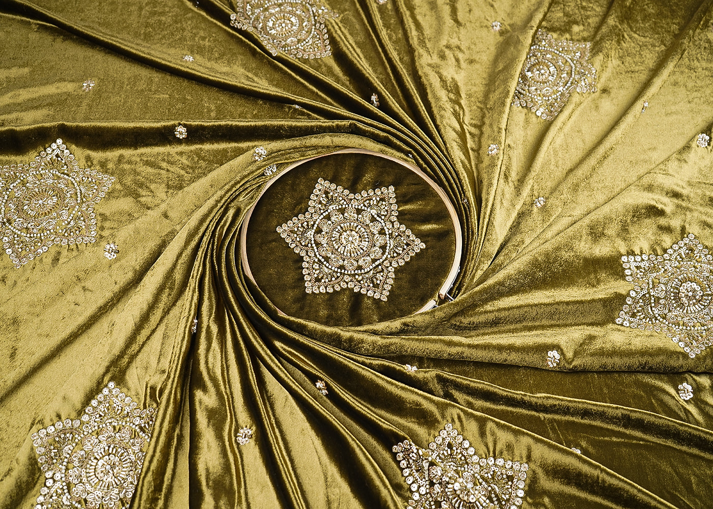 Mehendi Green Velvet Fabric With All Over Buti Of Sequins, Katdana and Bead 20985