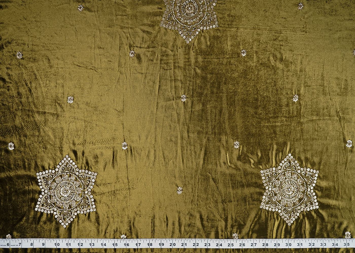 Mehendi Green Velvet Fabric With All Over Buti Of Sequins, Katdana and Bead 20985