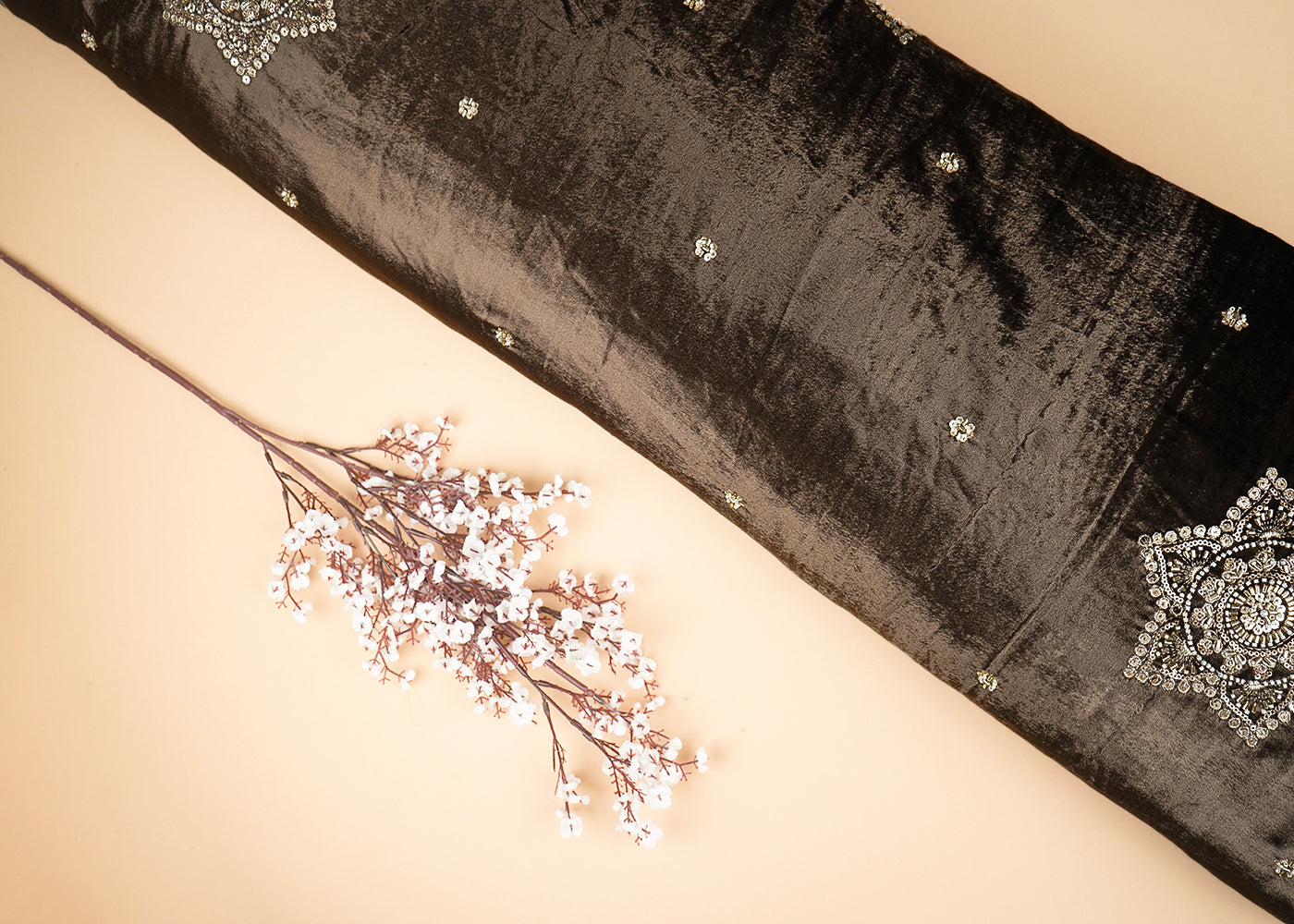 Coffee Brown Velvet Fabric With All Over Buti Of Sequins, Katdana and Bead 20986