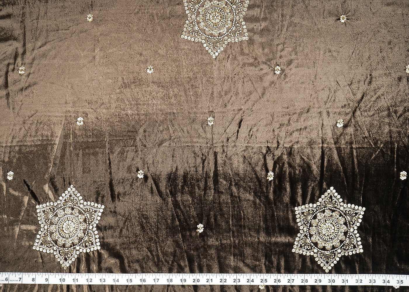 Coffee Brown Velvet Fabric With All Over Buti Of Sequins, Katdana and Bead 20986