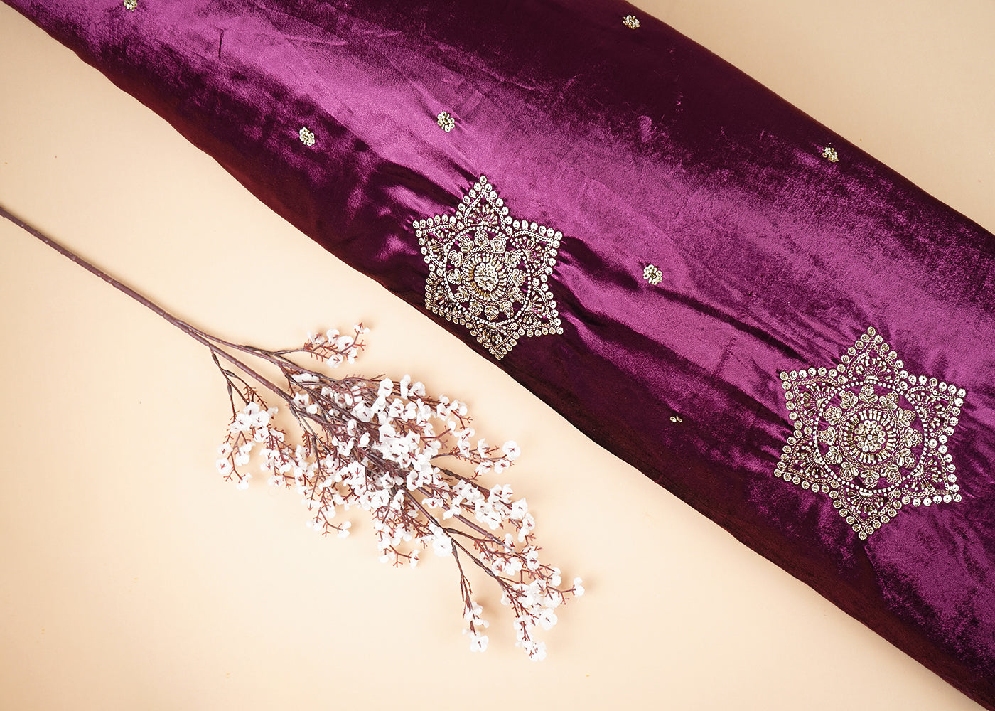 Purple Velvet Fabric With All Over Buti Of Sequins, Katdana and Bead 20987