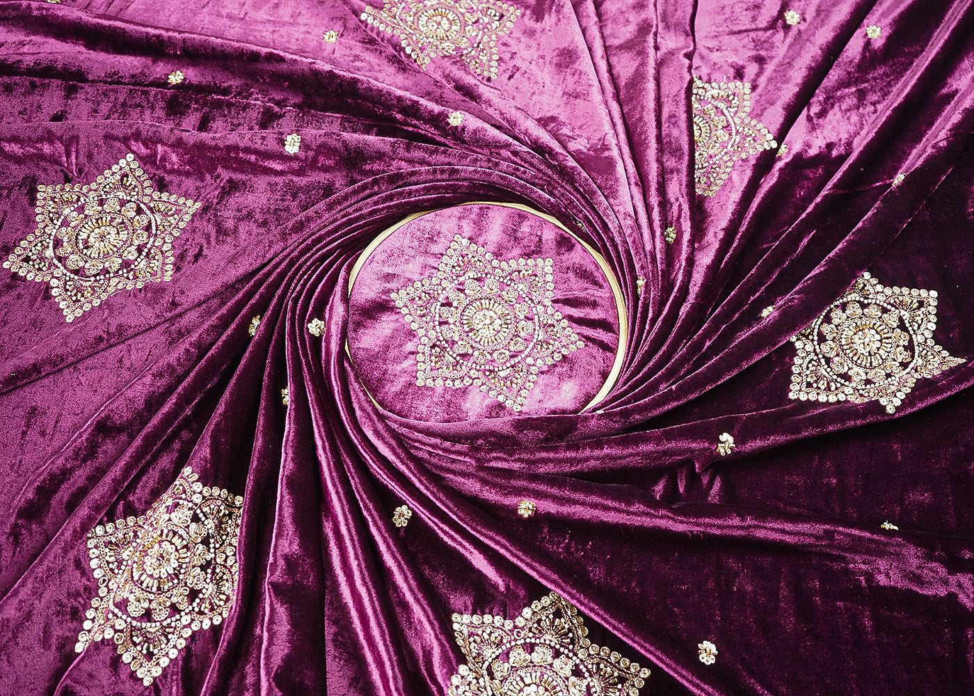 Purple Velvet Fabric With All Over Buti Of Sequins, Katdana and Bead 20987