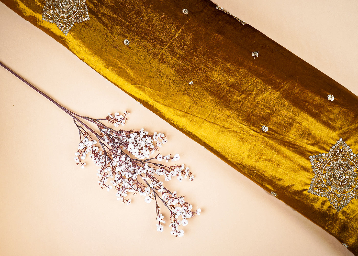 Yellow Velvet Fabric With All Over Buti Of Sequins, Katdana and Bead 20988