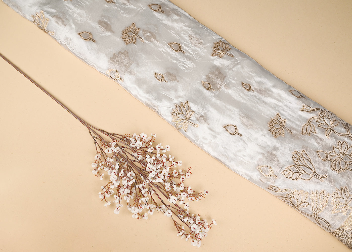 White Crepe Fabric with Allover Buti of Golden Zari Handloom with One Side Heavy Border 20991