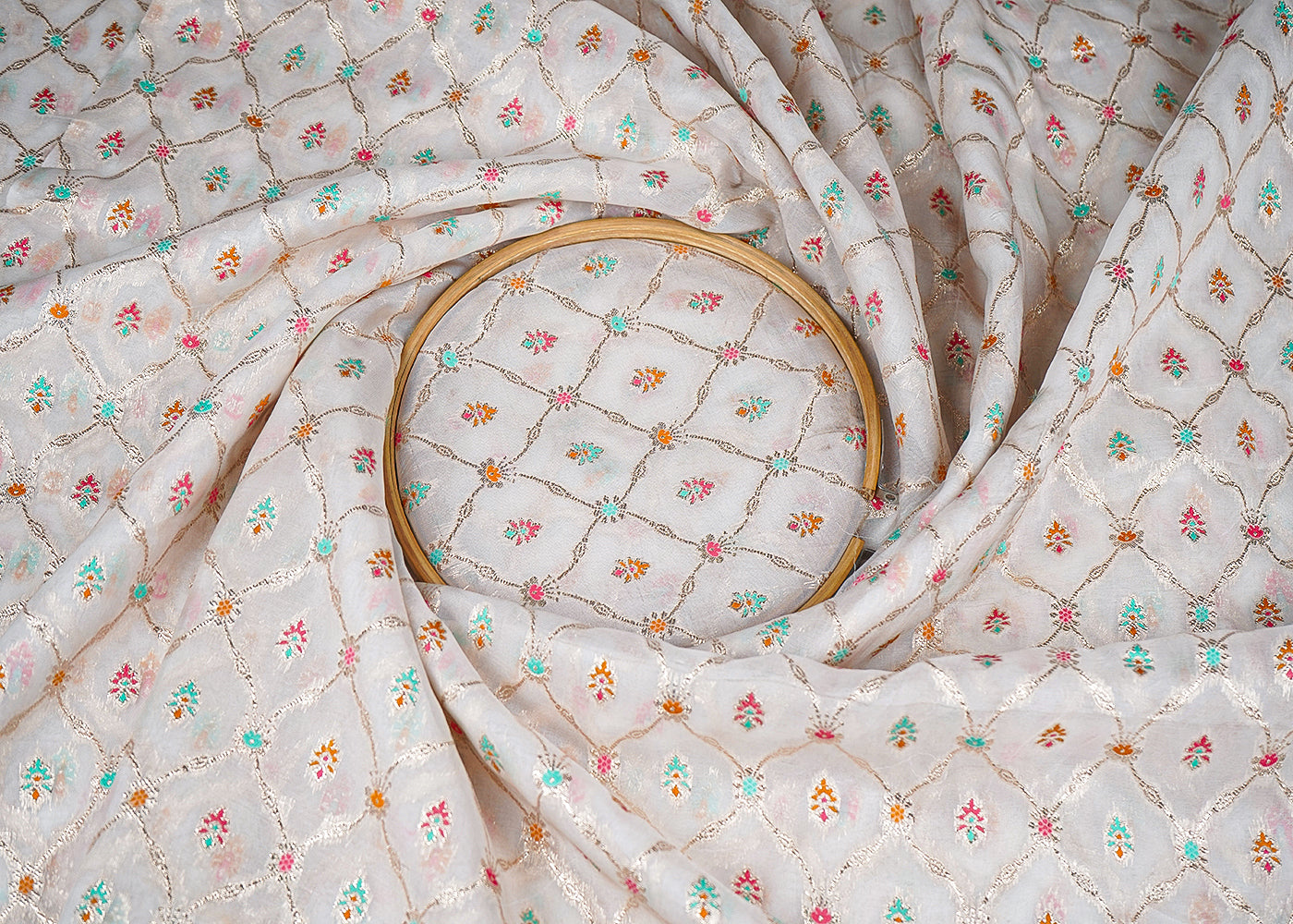 White Organza Fabric With All Over Thread And Zari Handloom 20993