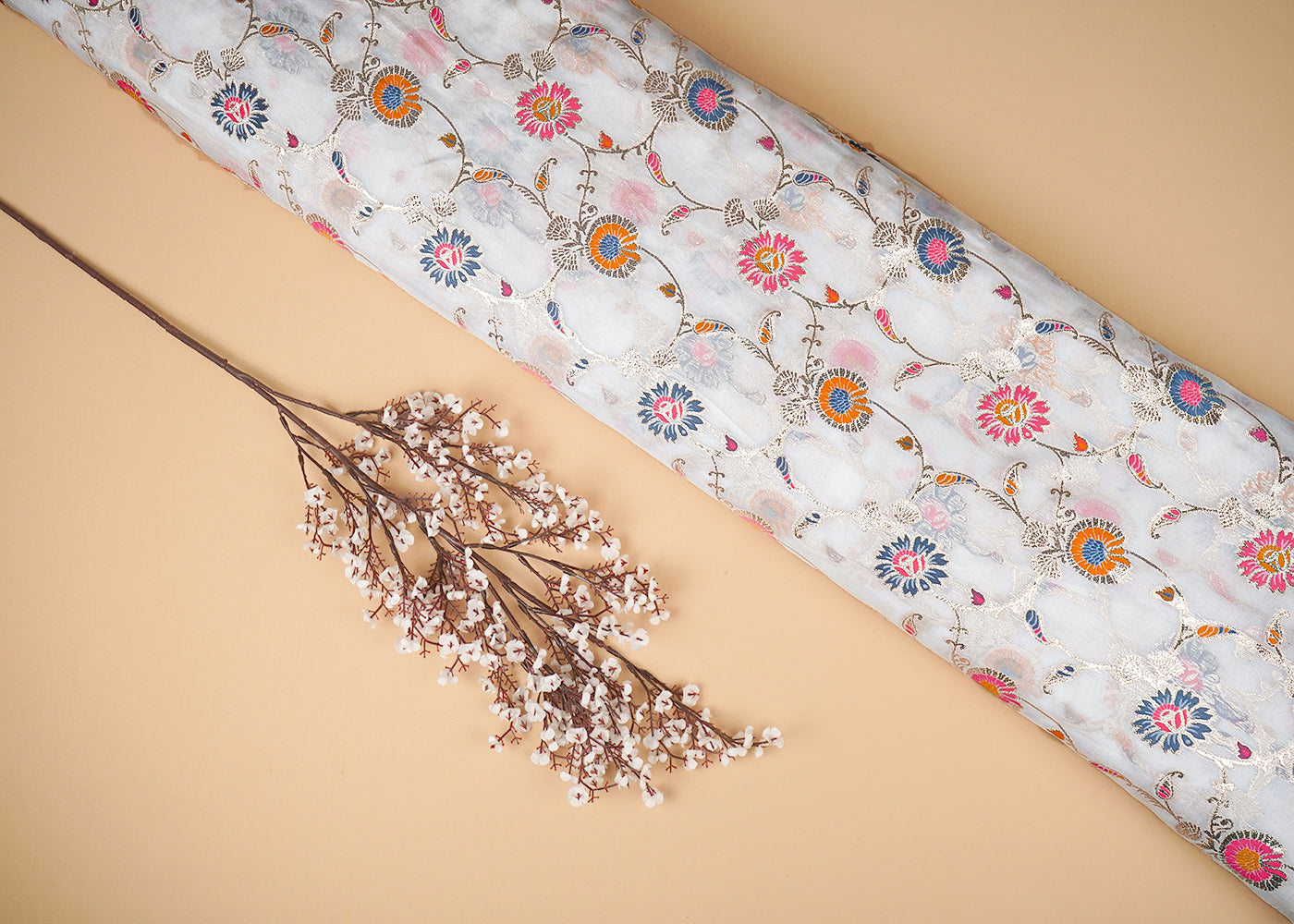 White Organza Fabric With All Over Thread And Zari Handloom 20994