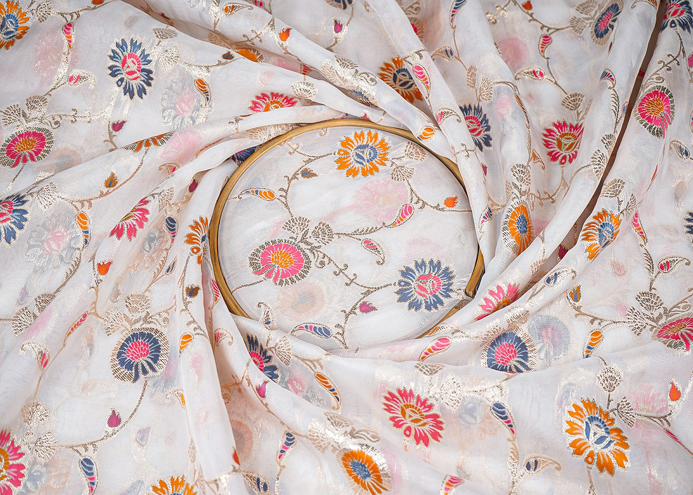 White Organza Fabric With All Over Thread And Zari Handloom 20994