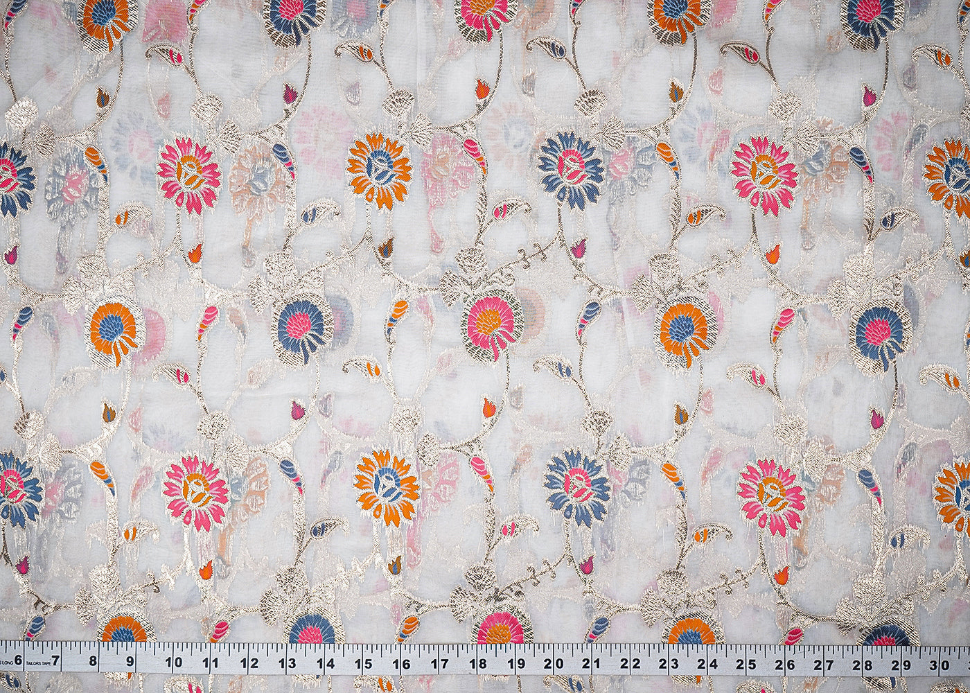 White Dyeable Organza Fabric With All Over Thread And Zari Handloom 20994