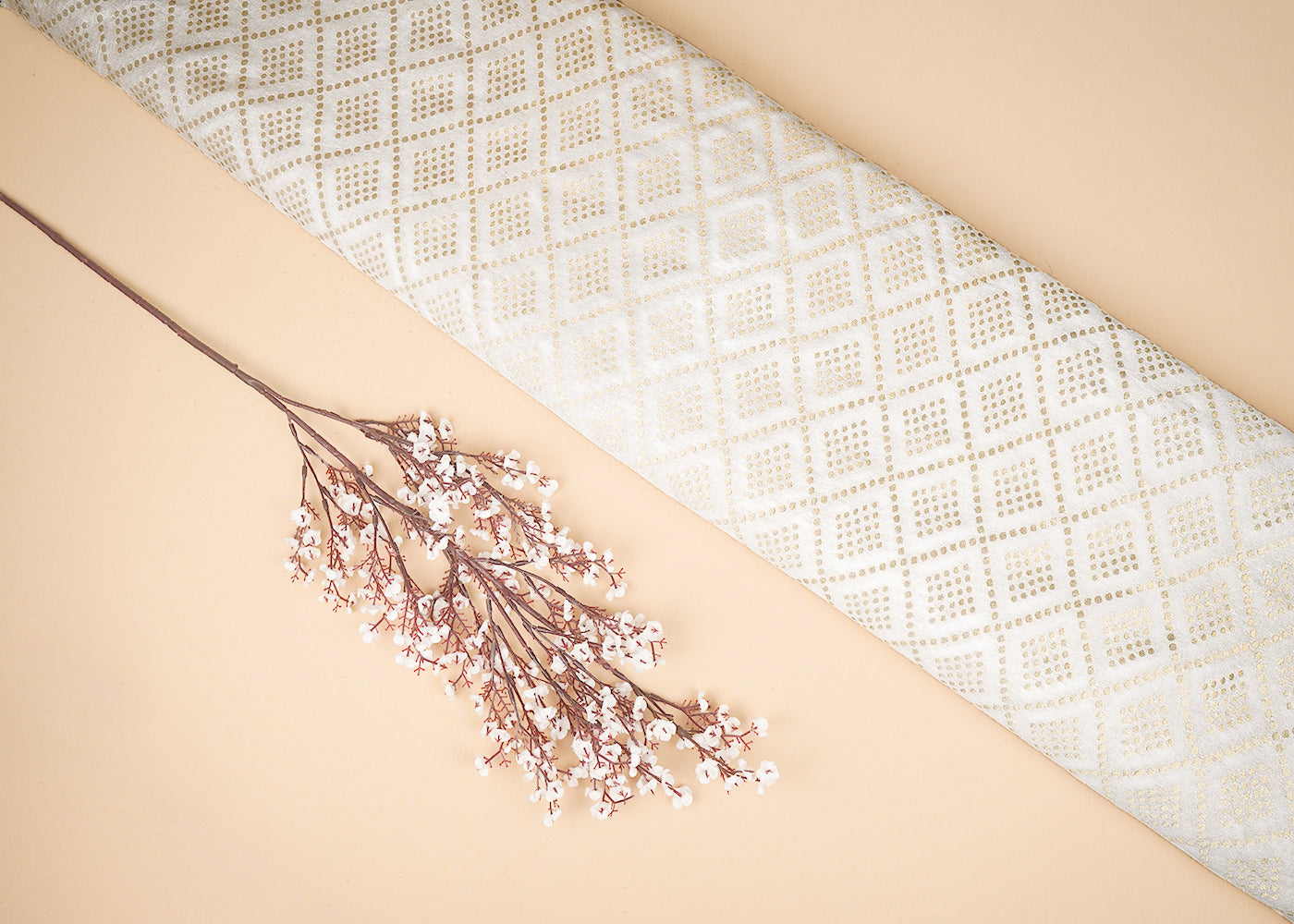 White Dyeable Chanderi Fabric With All Over Golden Zari Handloom 20995