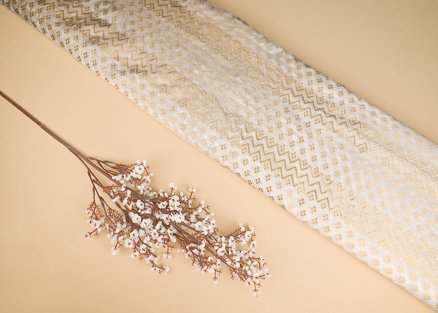 White Dyeable Chanderi Fabric With All Over Golden Zari Handloom 20996