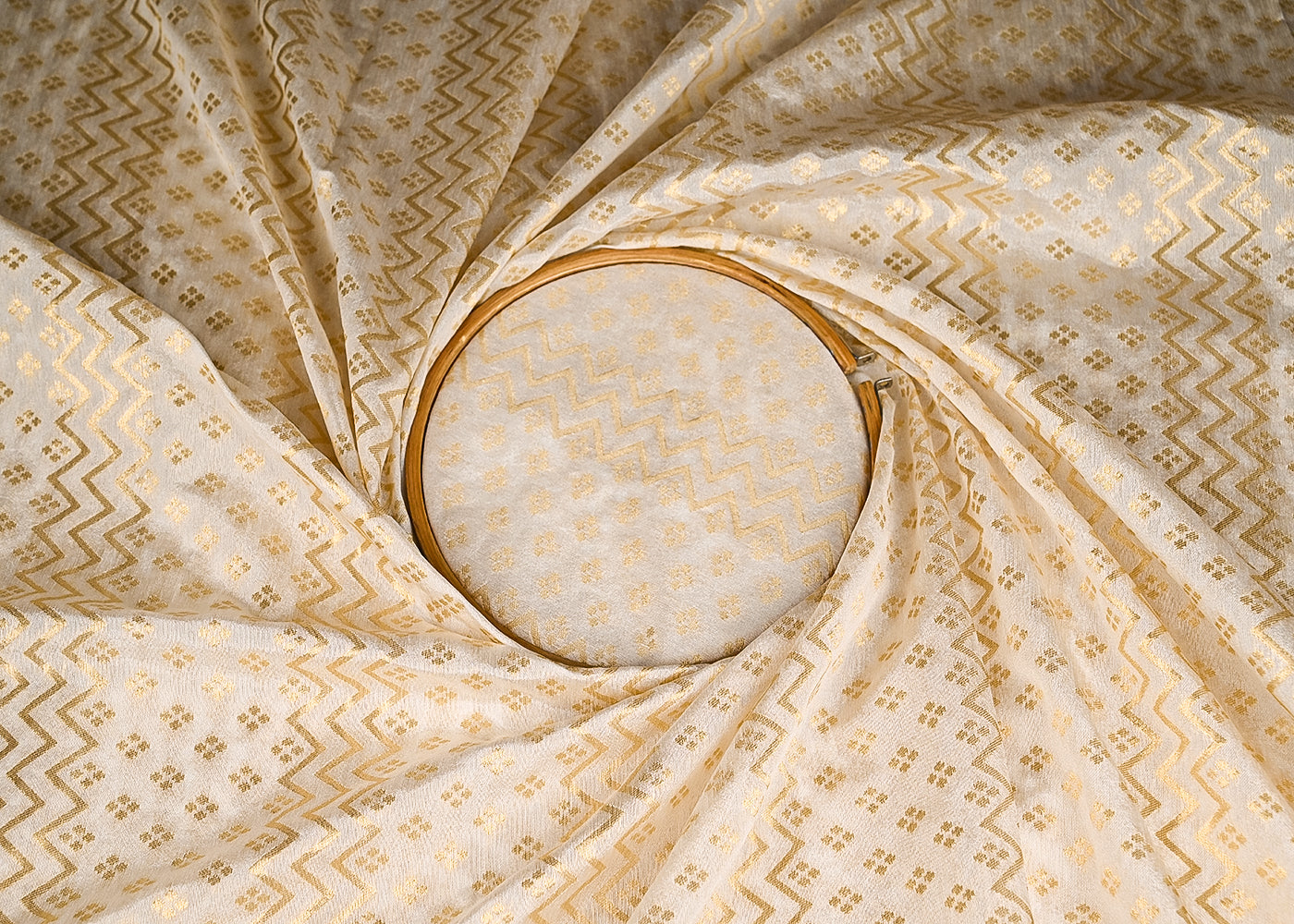 White Dyeable Chanderi Fabric With All Over Golden Zari Handloom 20996