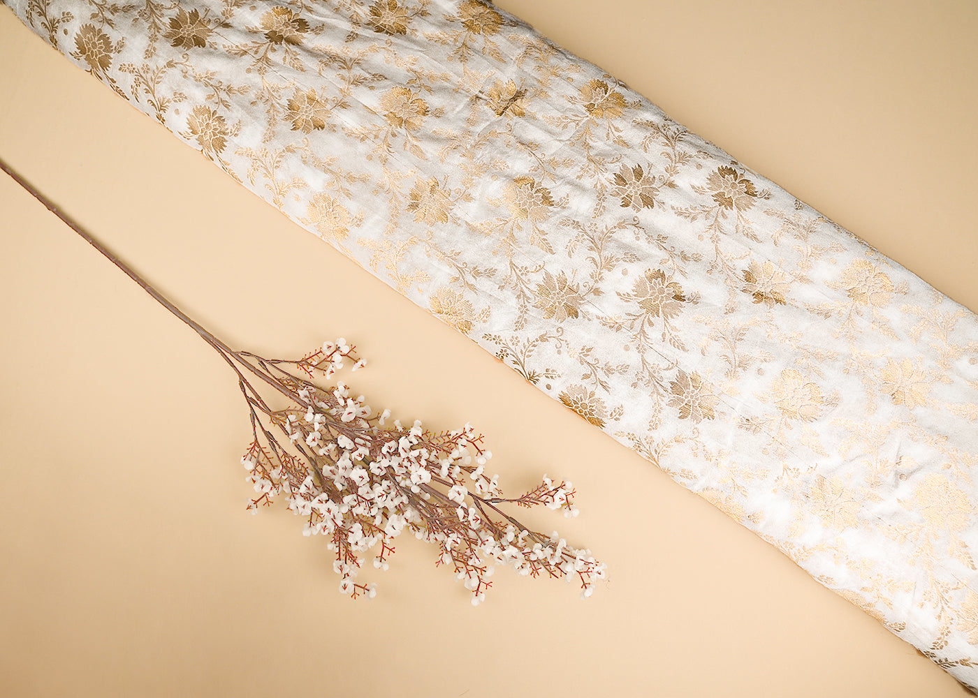 White Dyeable Chanderi Fabric With All Over Golden Zari Handloom 20997