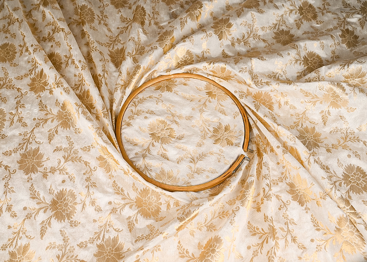 White Dyeable Chanderi Fabric With All Over Golden Zari Handloom 20997