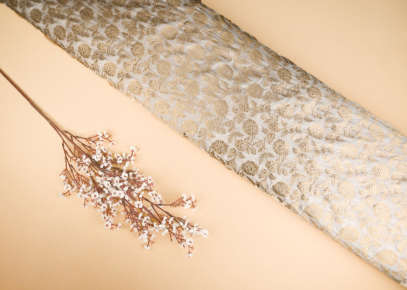 White Dyeable Chanderi Fabric With All Over Golden Zari Handloom 20999