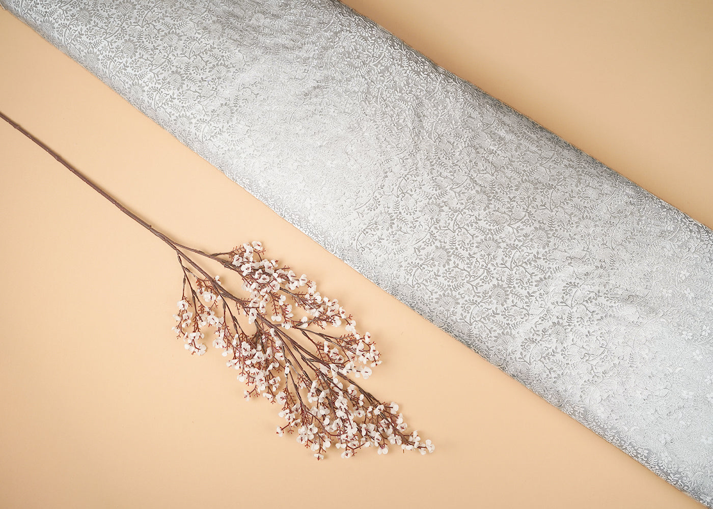 Silver Banarasi Brocade Fabric With All Over Silver Zari Handloom 21001